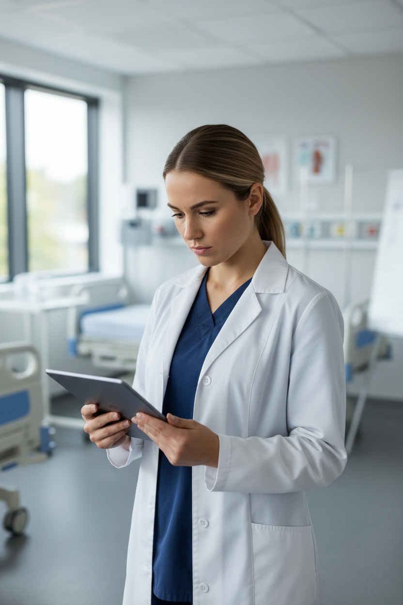 portrait orientation, vertical composition, 4:5 or 3:4 aspect ratio ortrait orientation, vertical composition.
Symbolisches Weiterbildungsfoto mit Pflegefachkraft in Arbeitskleidung, nachdenkliche Haltung, Blick auf Unterlagen oder Tablet, im Hintergrund unscharfer Stations- oder Schulungsbereich, vermittelt Entscheidungsfindung und Rollenklärung, professionell, ruhig, seriös, realistischer Fotostil, keine Texte im Bild.