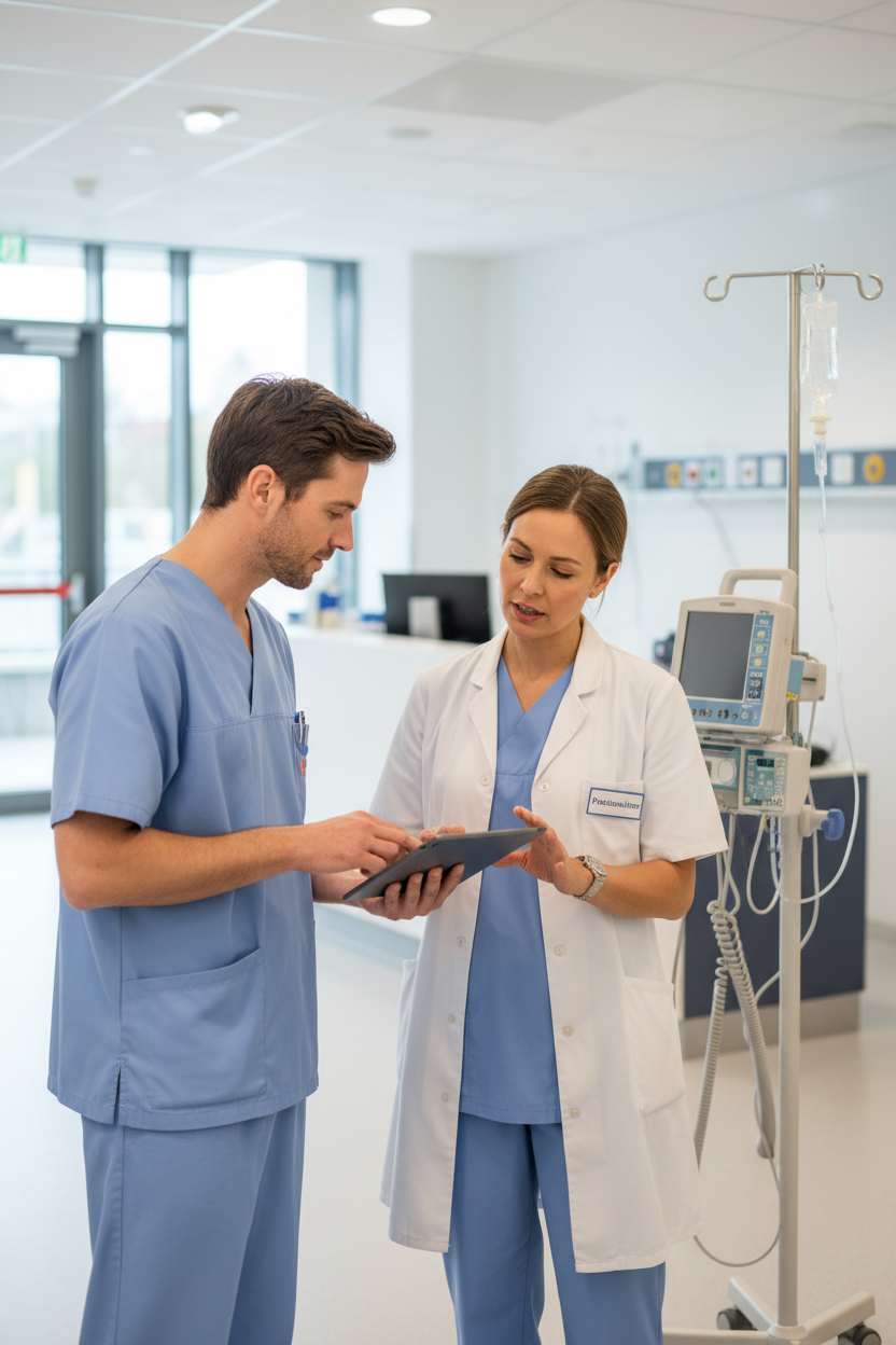 portrait orientation, vertical composition, 4:5 or 3:4 aspect ratio Portrait orientation, vertical composition.
Portrait orientation, vertical composition.
Praxisanleiter begleitet eine Pflegefachkraft im Stationsalltag, erklärende Situation ohne Patientendetails, professioneller Abstand, respektvolle Arbeitsatmosphäre, modernes Krankenhausumfeld, realistischer Fotostil, hochwertige Website-Fotografie.