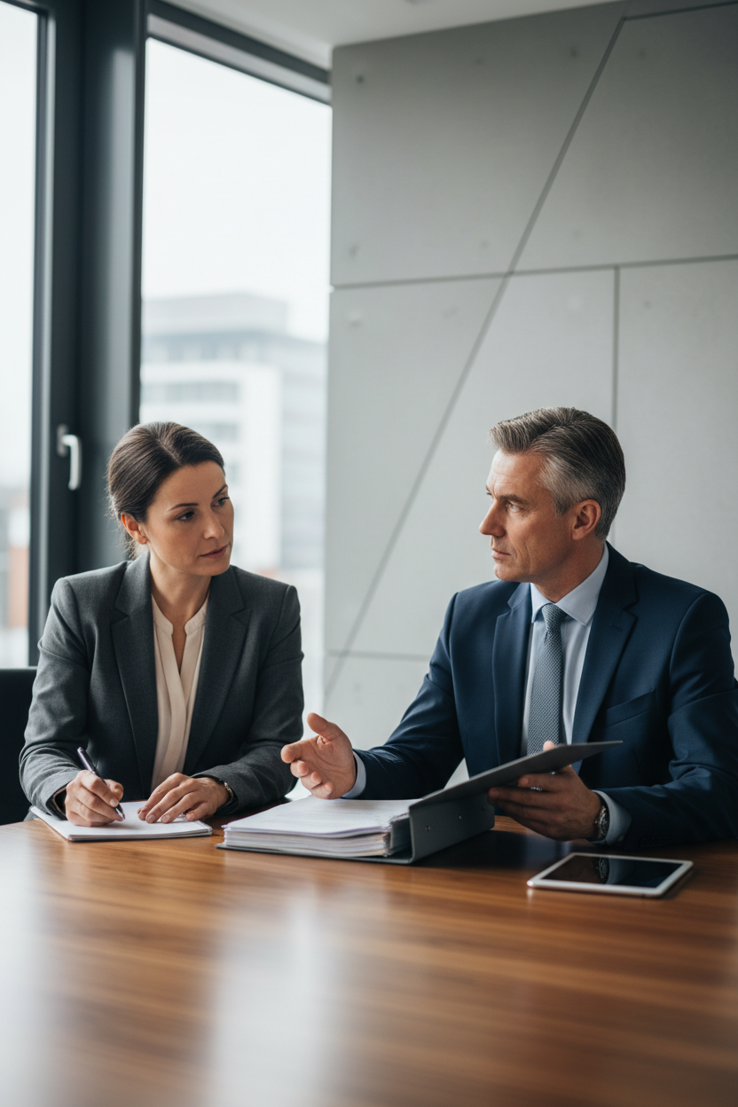 portrait orientation, vertical composition, 4:5 or 3:4 aspect ratio Portrait orientation, vertical composition.
Portrait orientation, vertical composition.
Seriöses Weiterbildungsfoto: Praxisanleiter im Gespräch mit Kollegin oder im Blick auf Unterlagen, vermittelt Verantwortung, Verlässlichkeit und formale Sicherheit, neutraler Hintergrund, moderner Business-Stil, sachlich, ruhig, professionell.