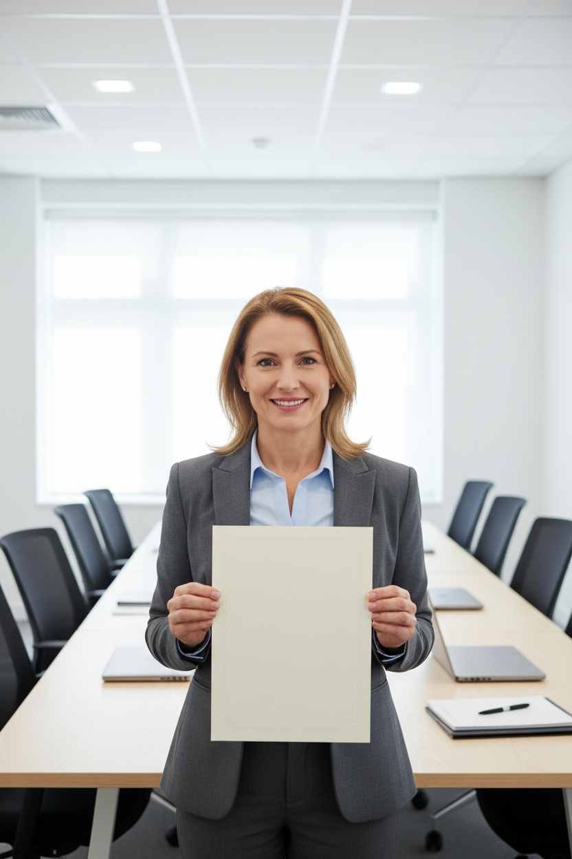portrait orientation, vertical composition, 4:5 or 3:4 aspect ratio Portrait orientation, vertical composition.
Praxisanleiter hält ein neutrales Zertifikat oder eine Teilnahmebescheinigung in der Hand (ohne lesbaren Text), moderner Schulungsraum, aufgeräumte Umgebung, Fokus auf Professionalität und formale Absicherung, Business-Weiterbildungsfotografie, helle Farben, keine Logos, keine Schrift im Bild.