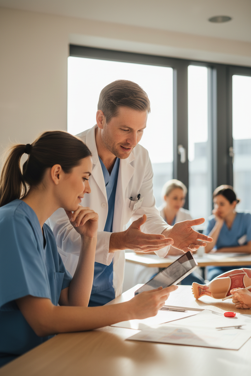 portrait orientation, vertical composition, 4:5 or 3:4 aspect ratio Portrait orientation, vertical composition.
Praxisanleiter im fachlichen Austausch mit einer Pflegefachkraft, erklärende Gestik, Lernunterstützung im Arbeitsalltag, ruhige und wertschätzende Atmosphäre, moderner Klinik- oder Schulungsraum, Fokus auf Anleitung und pädagogische Kompetenz, authentische Weiterbildungssituation, hochwertige Fotografie.