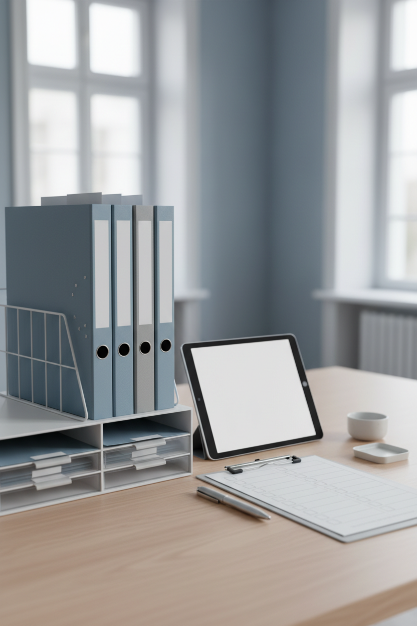 portrait orientation, vertical composition, 4:5 or 3:4 aspect ratio Portrait orientation, vertical composition.
Symbolisches Foto für Dokumentation im Gesundheitswesen: Ordner, Tablet, Checkliste, strukturierte Ablage auf Tisch, ruhiger Seminarraum oder Büro, Fokus auf Ordnung, Nachvollziehbarkeit und Qualität, professioneller Weiterbildungsstil, keine Personen erforderlich, keine Schrift im Bild.