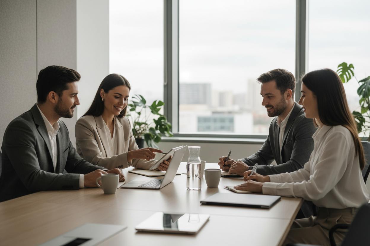 „realistic photography, soft daylight, neutral color grading, professional corporate style, no logos, no text in image“