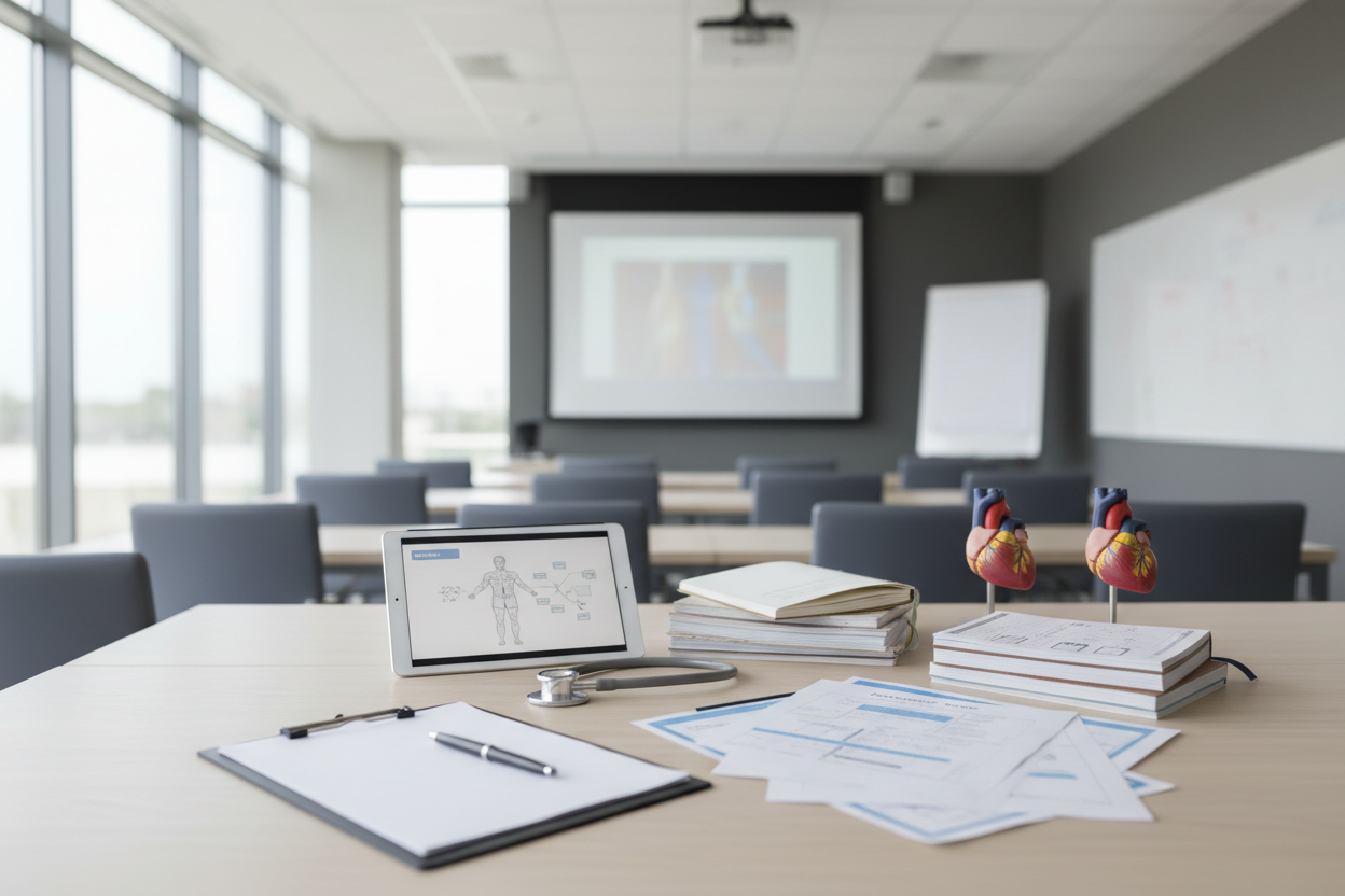 „Symbolisches Foto für Praxisanleiter-Weiterbildung im Gesundheitswesen. Lehrmaterialien wie Klemmbrett, Tablet, Stethoskop, Notizen auf Tisch, moderner Seminarraum oder Klinik im Hintergrund, sauber, minimalistisch, professionelle Weiterbildungsästhetik, Querformat.“